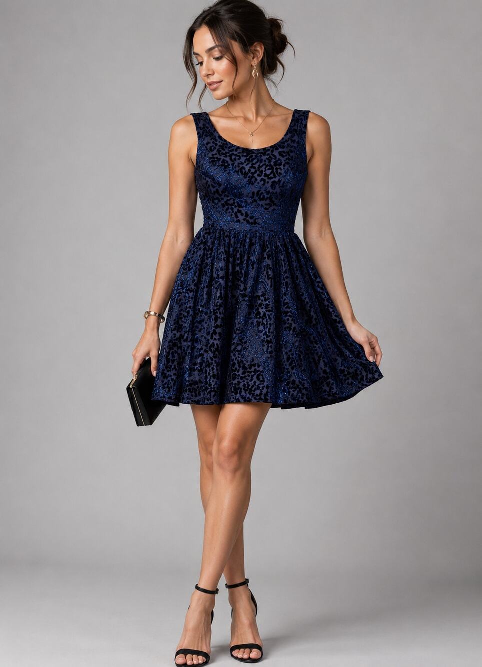 Zara Blue Velvet Burnout Fit & Flare Dress Women’s Small Scoop Back Party